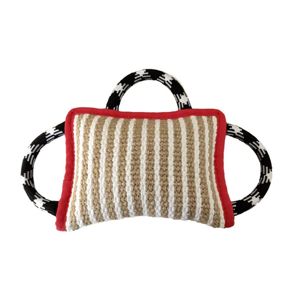 Jute dog tug toy with three rope handles showing 26 cm bite pillow for medium large dogs