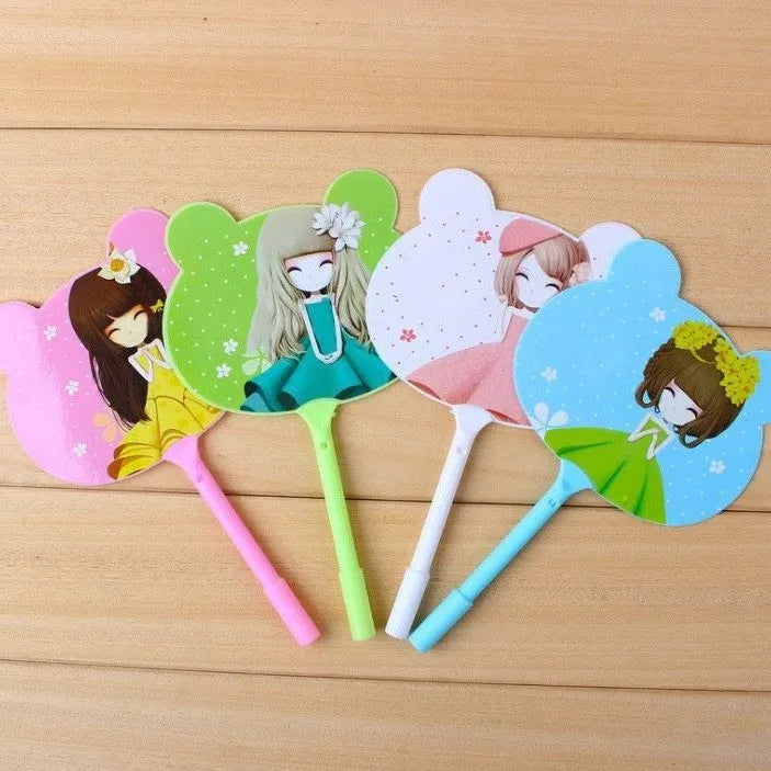 Promotional plastic fan pen with novelty character refills including kitten and unicorn designs