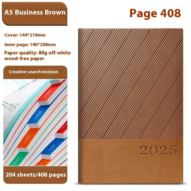 A4 striped PU leather business notepad open on a desk showing 80g paper, available in eight colours.