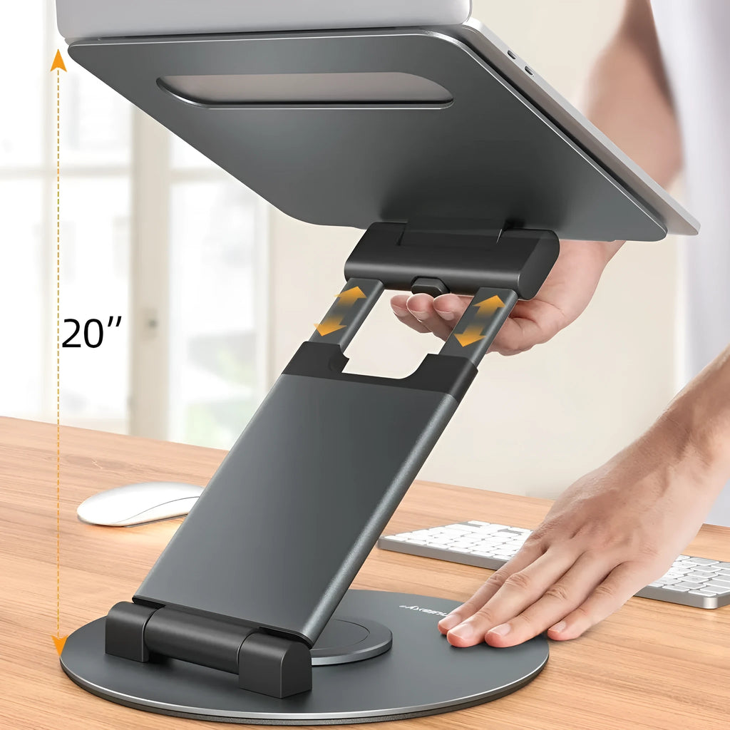Aluminium alloy laptop bracket on desk with 360-degree rotating base and lifting mechanism