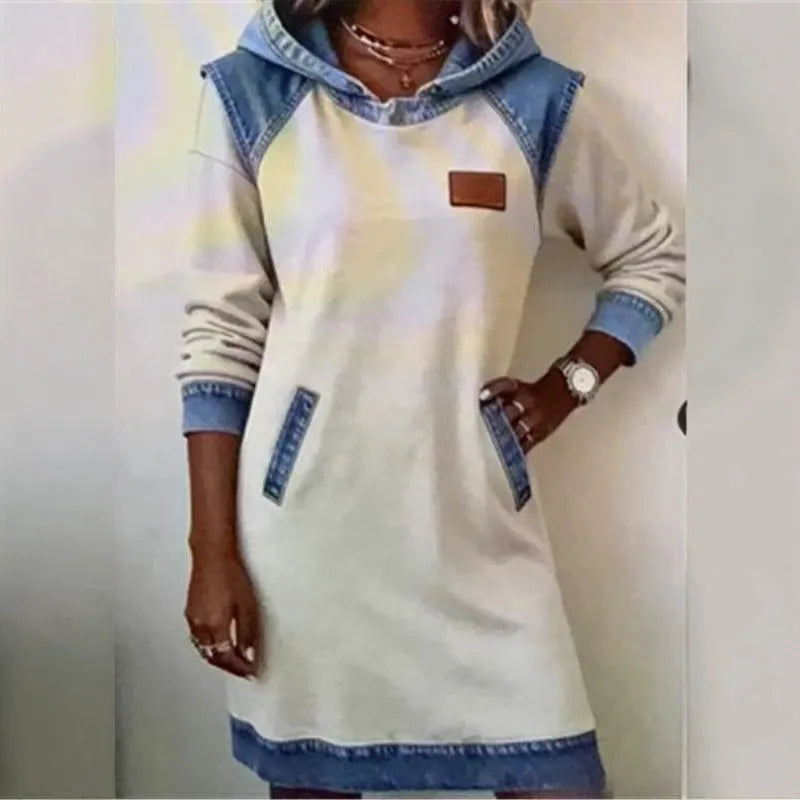 Denim colour matching ladies hoodie skirt with contrast stitching and raglan sleeves in white colour option