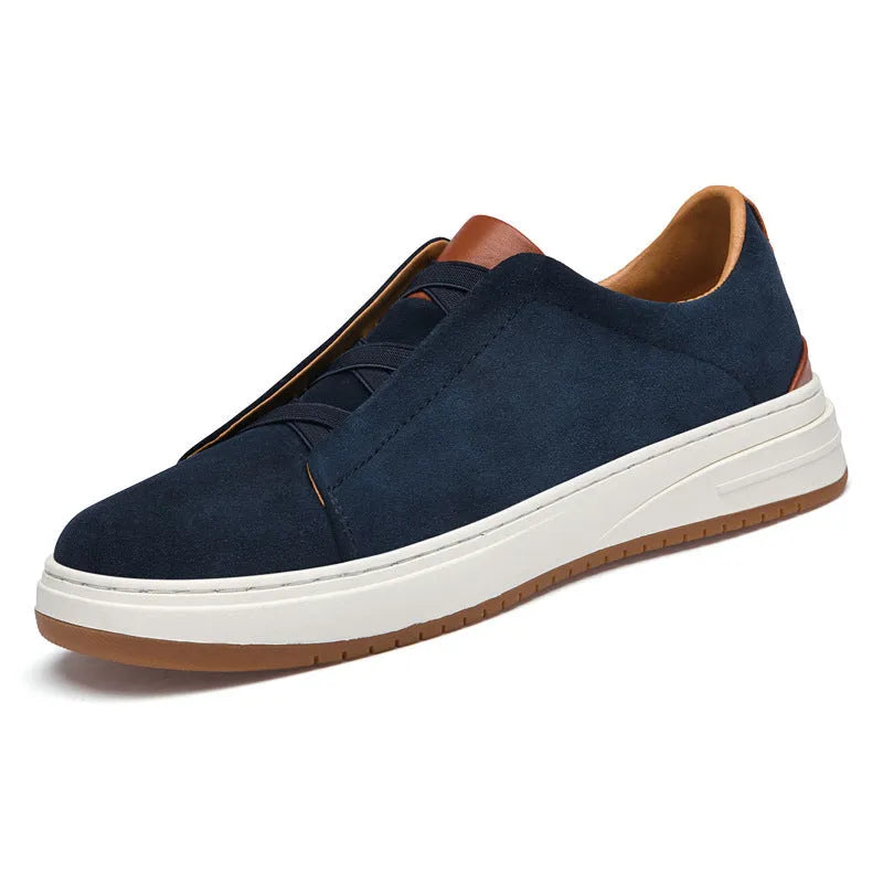 Men's suede casual shoes in khaki with genuine cowhide leather, elastic band, and round head design