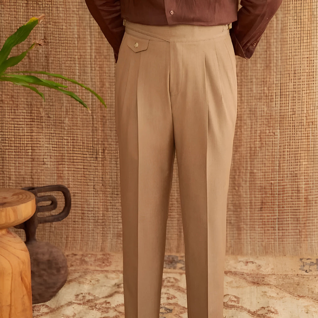 Men's slim fit straight leg business trousers in dark grey, light brown, or light apricot colours.