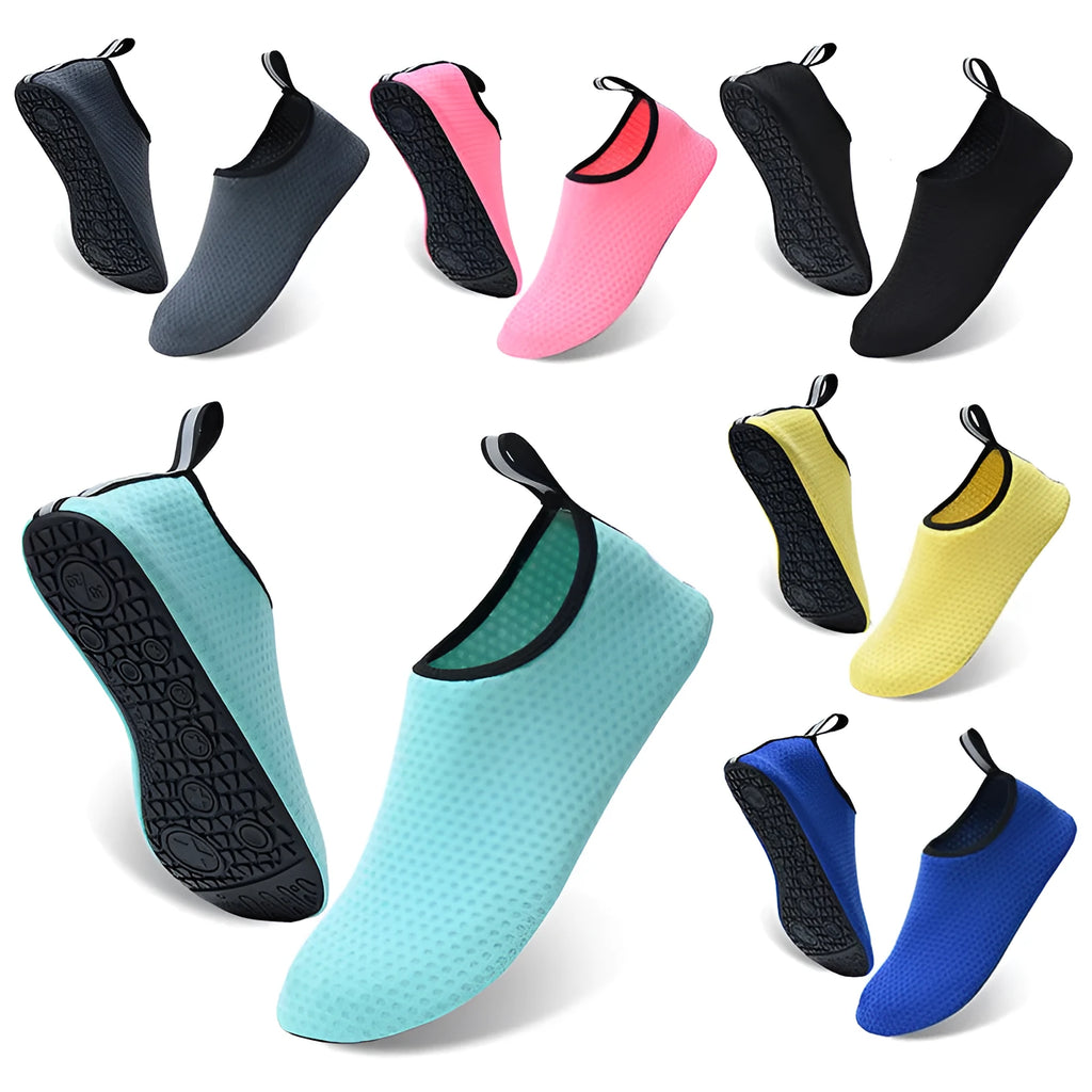 Non-slip soft bottom beach shoes with mesh uppers and TPR soles in various colour designs