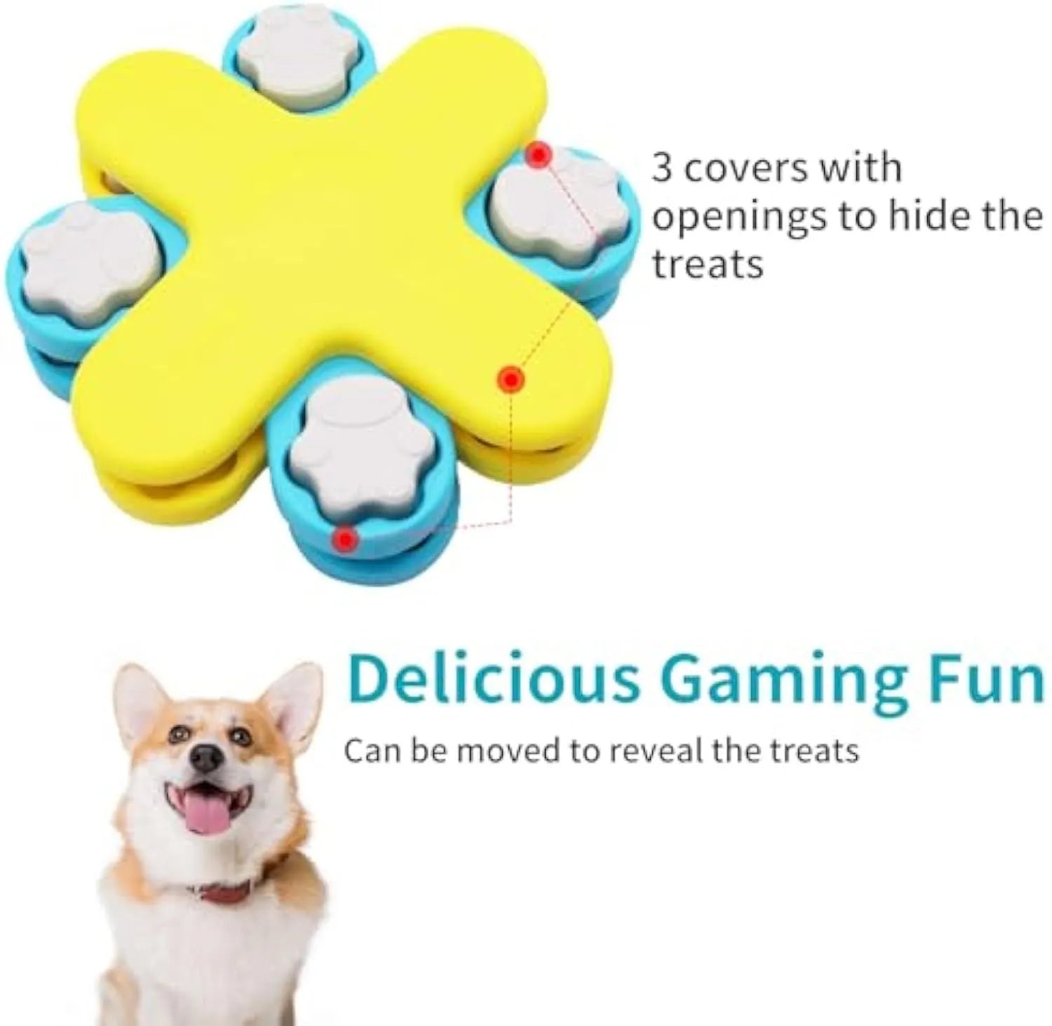 Yellow three-layer rotating dog puzzle feeder bowl with anti-slip base.