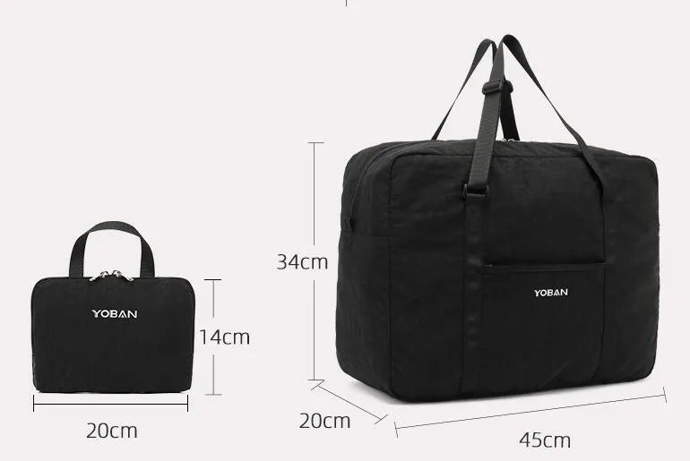 Large waterproof foldable travel bag in black with 20-35L capacity and zipper closure