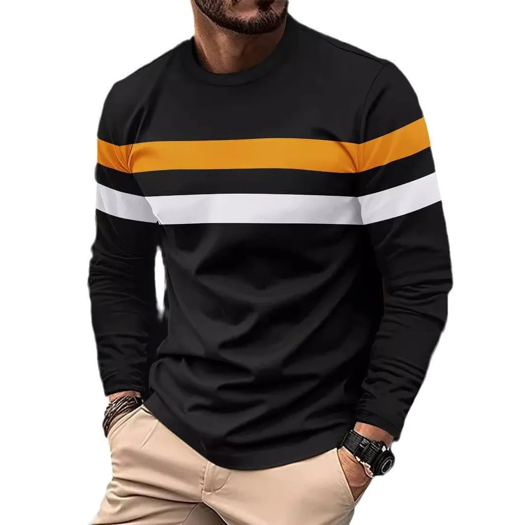 Men's casual round neck long sleeve t-shirt in loose fit, colour-matched pattern, available in multiple colours including black and white.