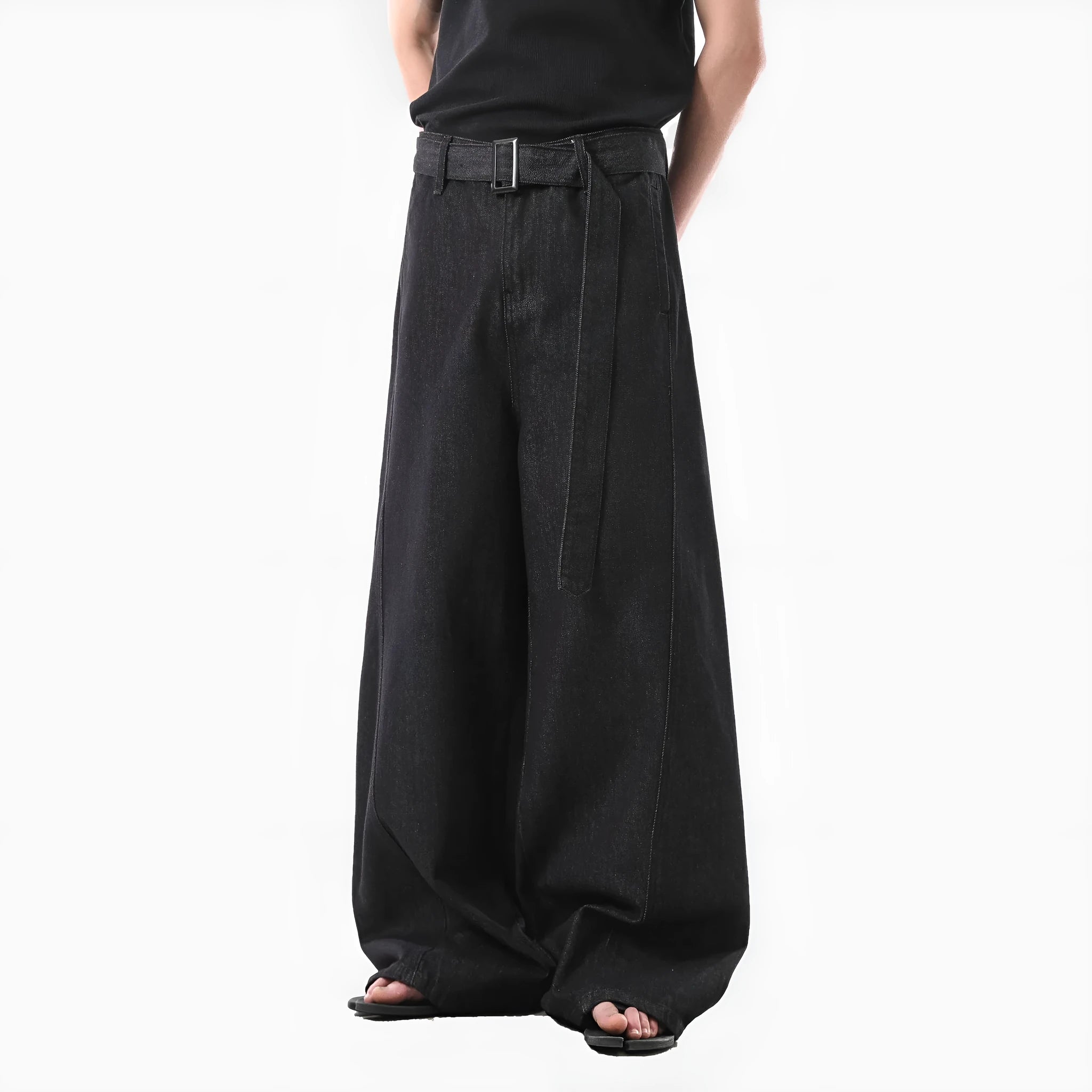Black high waist straight leg jeans with a zip fly, shown flat.