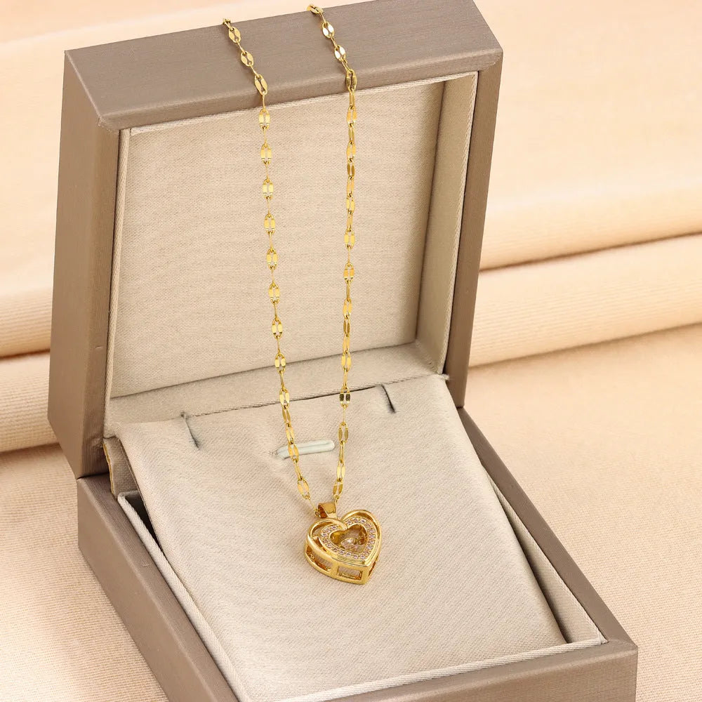 Double-layer titanium steel love necklace with rhinestone heart pendant on woman