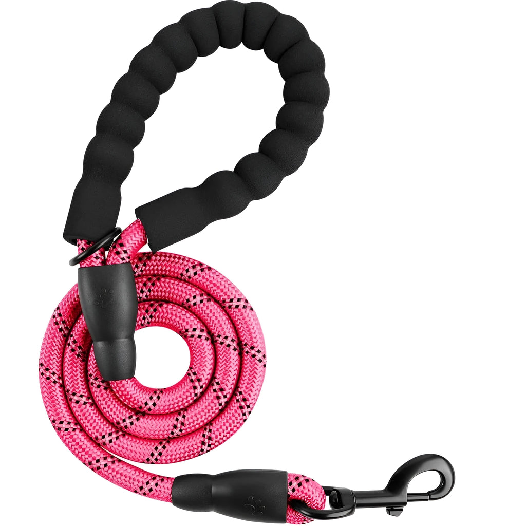 Heavy duty 5 FT nylon dog leash with padded handle and reflective threads in pink for large dogs