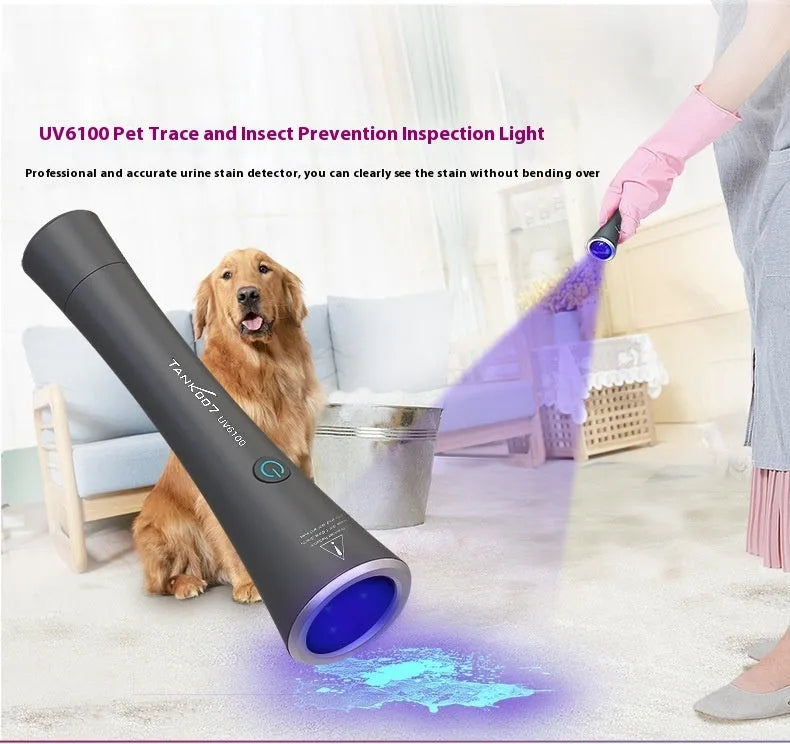 Black anodized aluminium UV flashlight for detecting pet urine stains and insects, showing USB-C charging port.