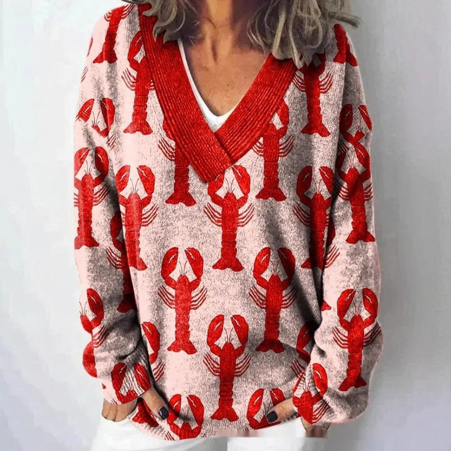Women's floral pattern printed V-neck sweatshirt with 3D effect and long sleeves in colour E073