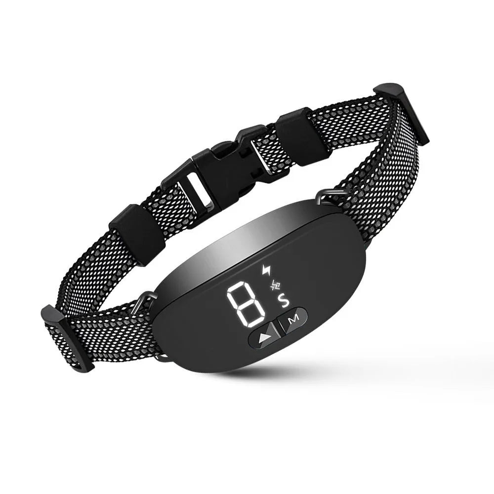 Bark Stopper plastic dog collar in black white and orange for barking prevention