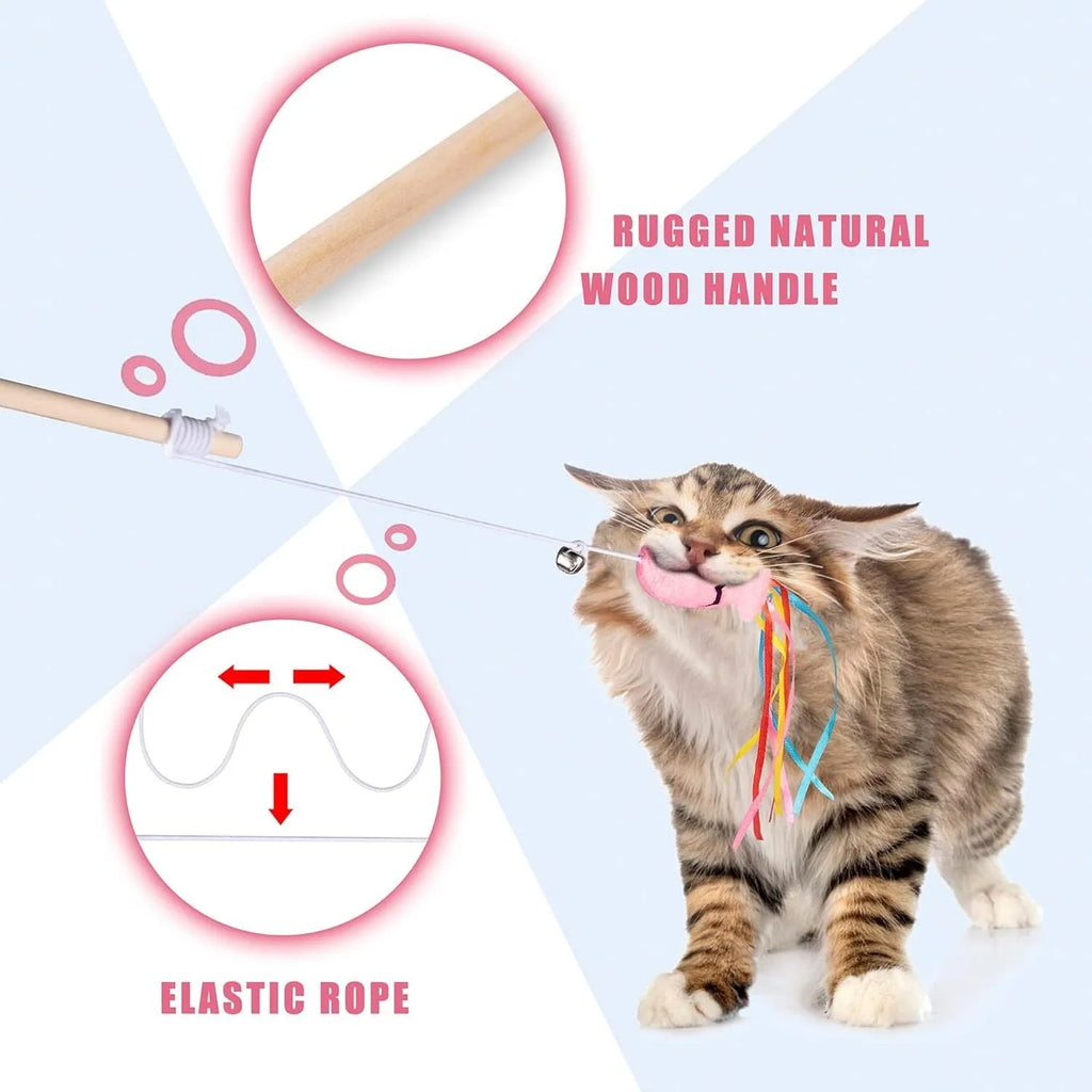 Cat wand toy with wooden handle, catnip fish attachment, colourful ribbons, and bell