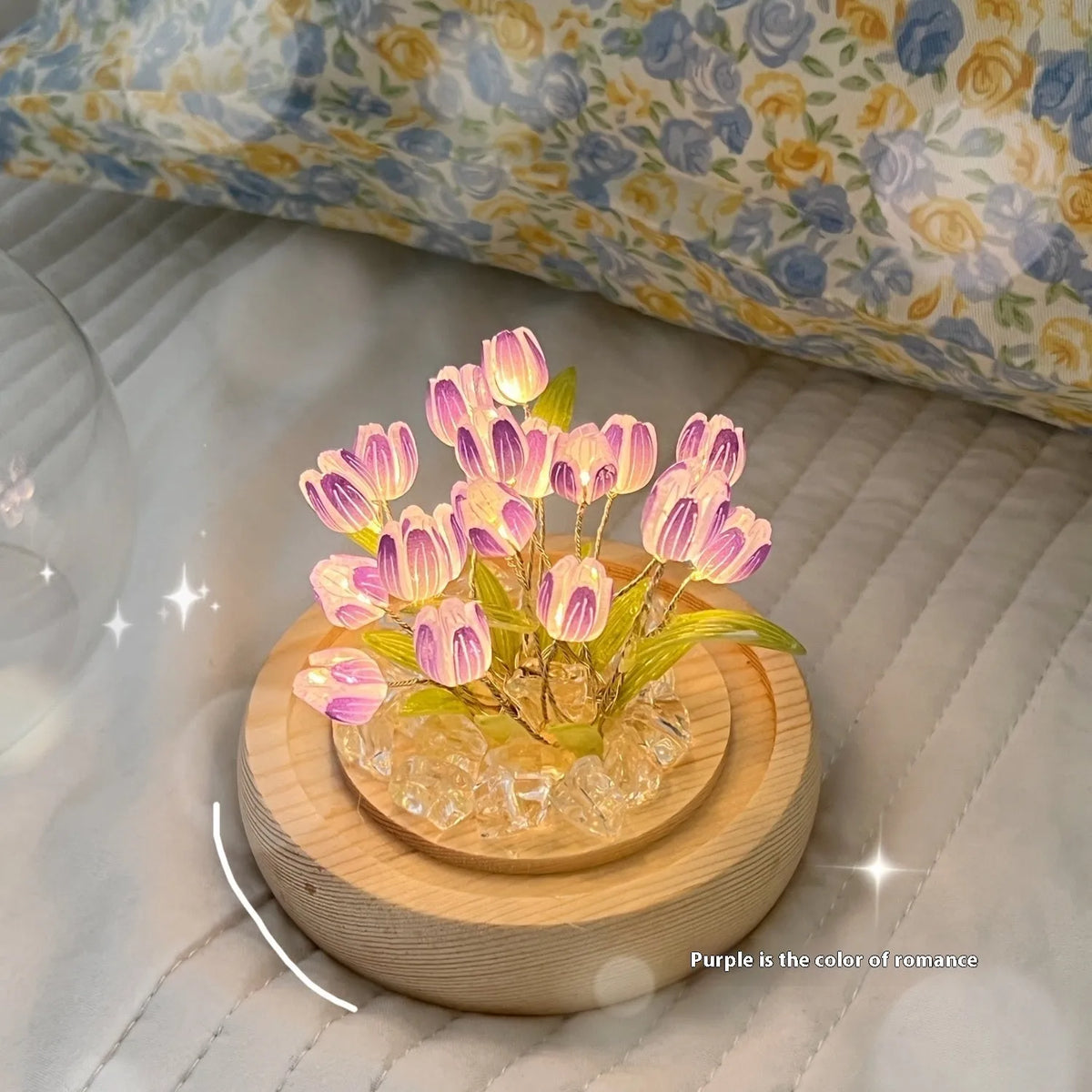 LED tulip artificial flower small night lamp in pink with battery-powered base, cartoon style decorative light