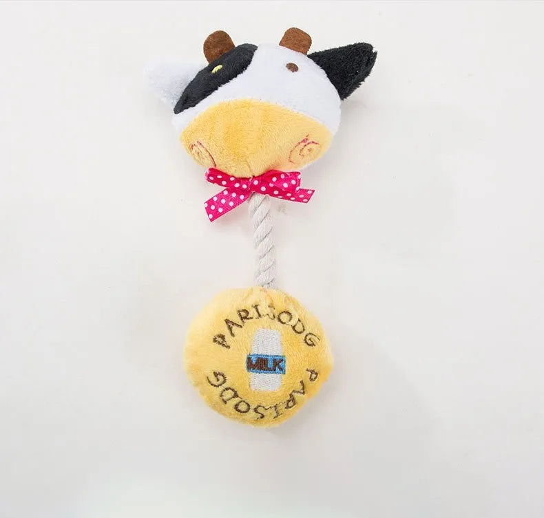 Plush dog toy with cotton rope and sound device in animal designs