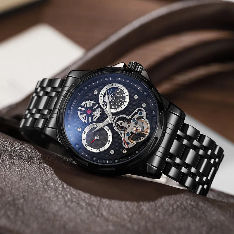 Men's automatic waterproof watch with luminous hands on a black dial with steel bracelet.