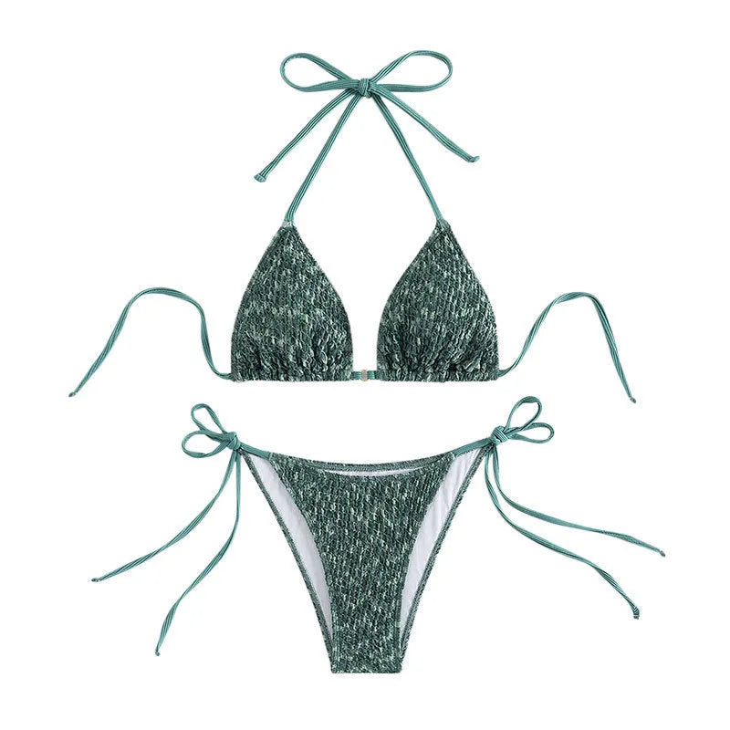 Women's green or pink three-point halter strap backless swimsuit with matching shorts