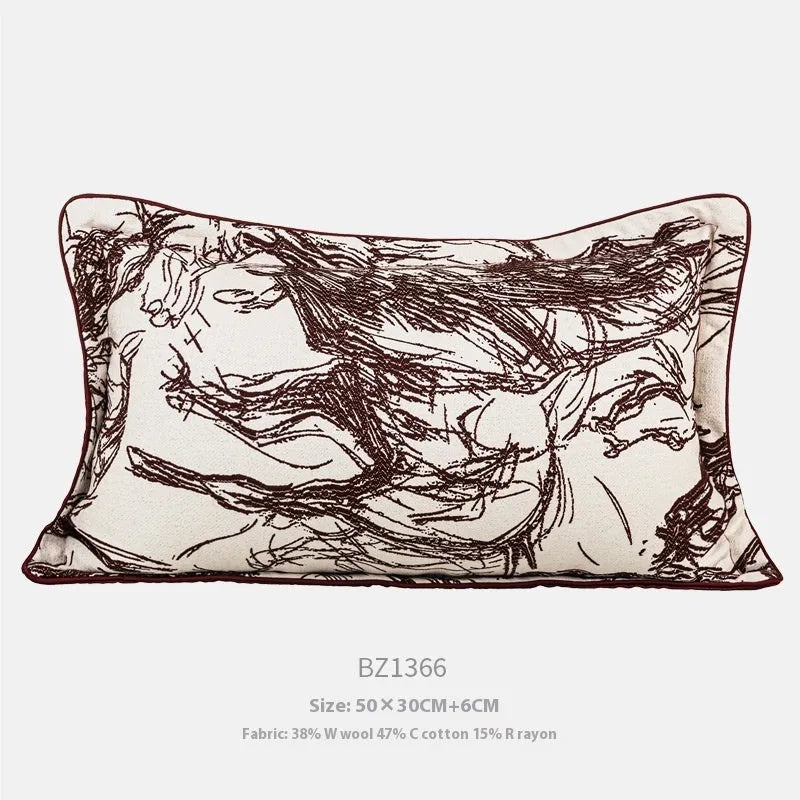 Close-up of a golden horse abstract design on a textured jacquard cushion cover in a choice of colours.
