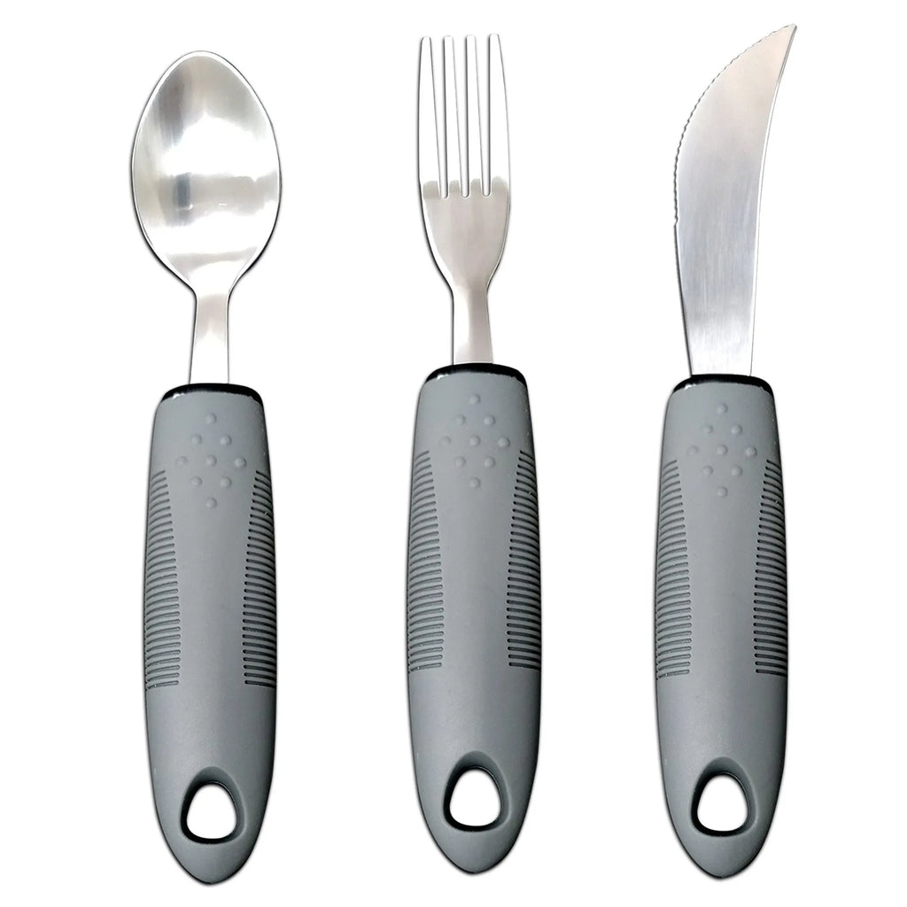 Stainless steel adaptive cutlery set with rubber handles for elderly or disabled users