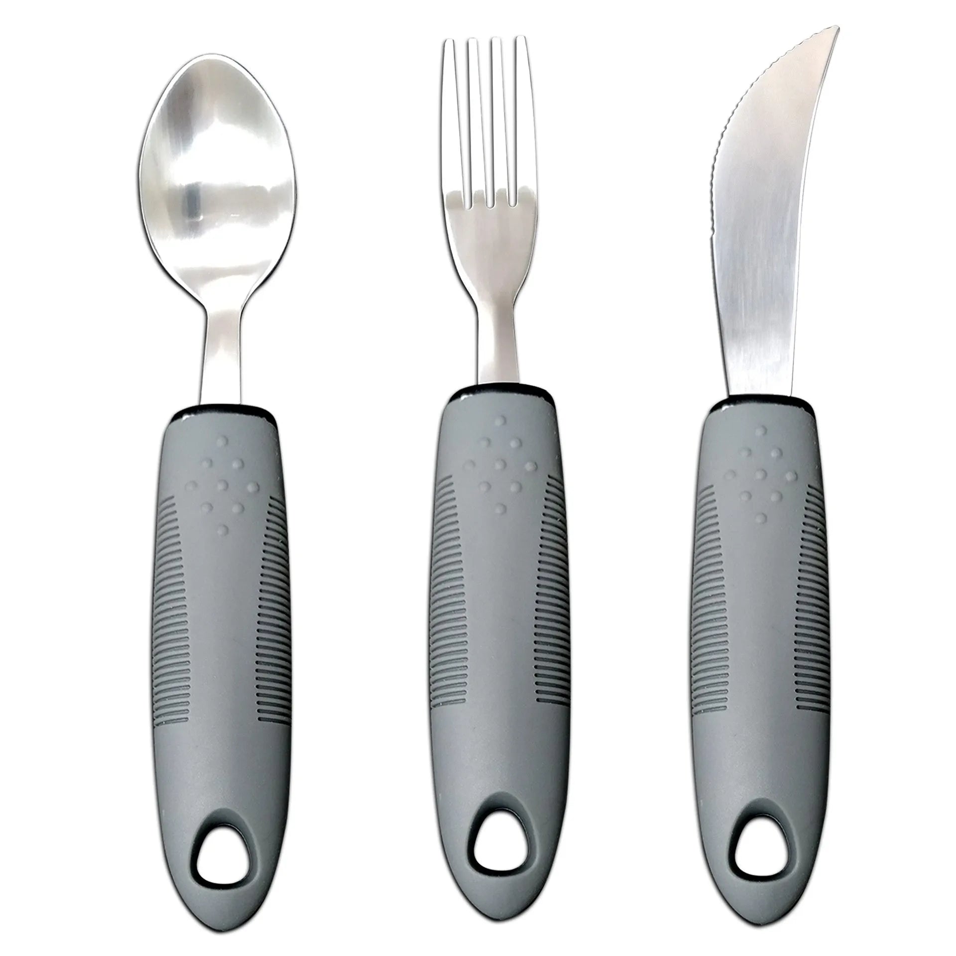 Stainless steel adaptive cutlery set with rubber handles for elderly or disabled users