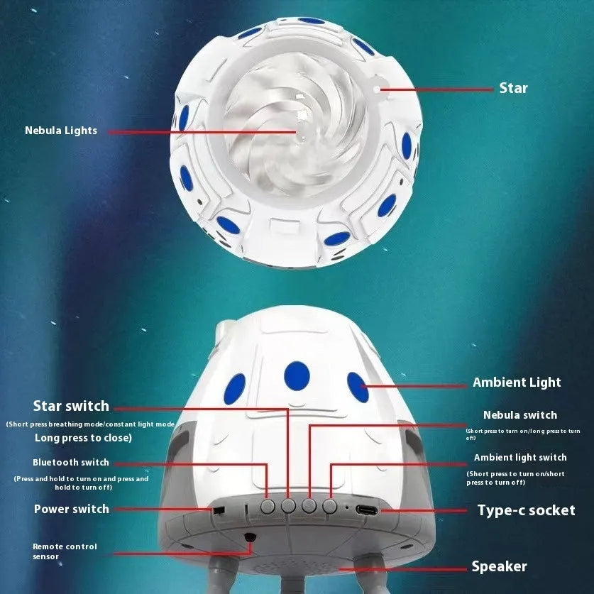 Space capsule shaped projection lamp showing galaxy lighting effects on wall, available in Space Grey or Space White finish