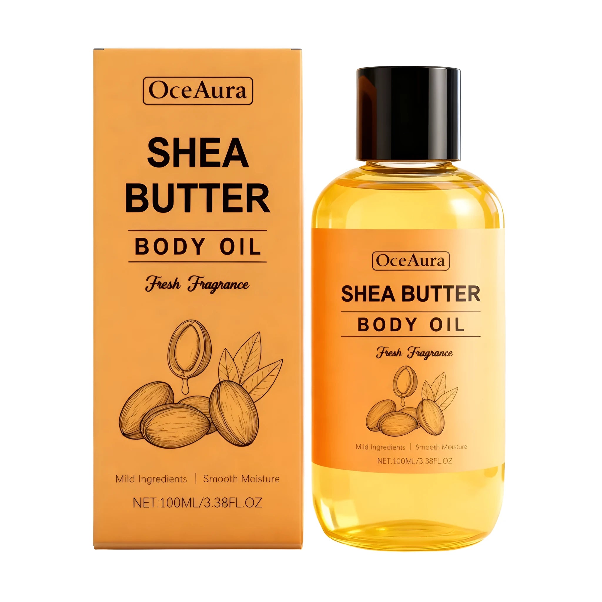Shea butter body oil 100ml bottle with moisturising ingredients including vitamin E and almond oil