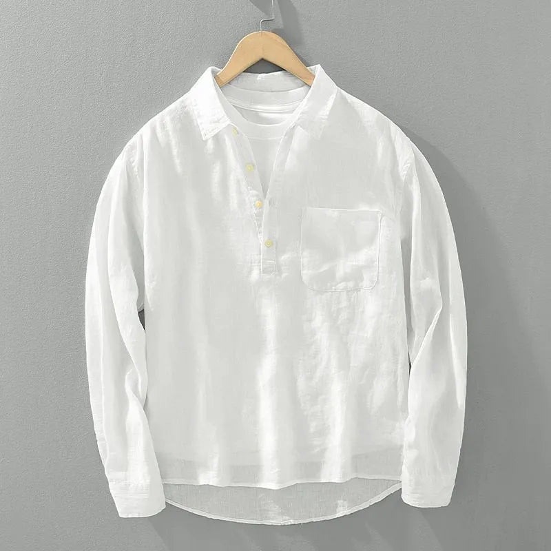 Men's Japanese-style retro long sleeve linen pullover shirt with square collar in white, loose fit