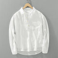 Men's Japanese-style retro long sleeve linen pullover shirt with square collar in white, loose fit