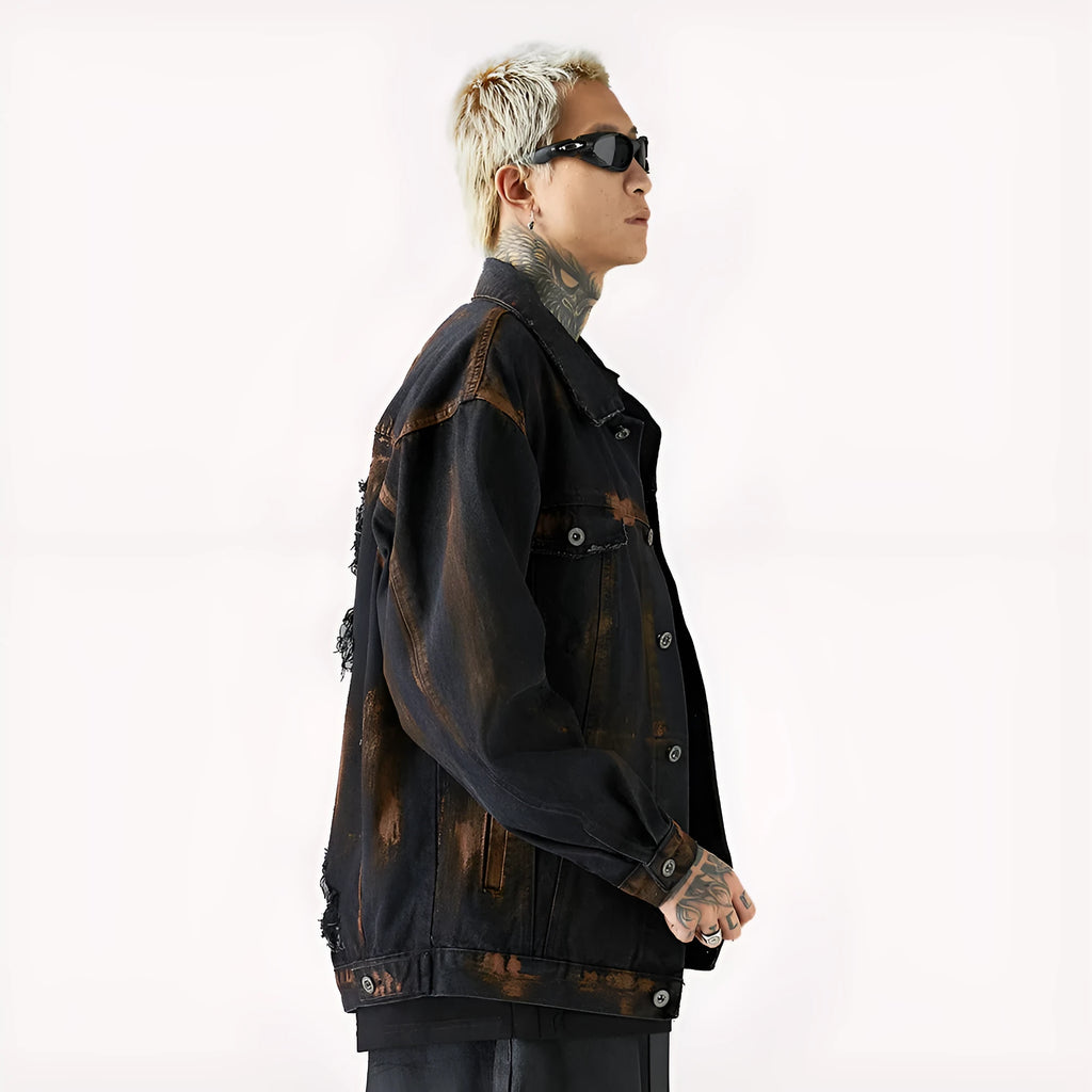 Men's black cotton denim jacket, street style, available in sizes M L XL