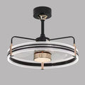 Modern black ceiling fan lamp with acrylic shade and ABS blades, remote control shown.