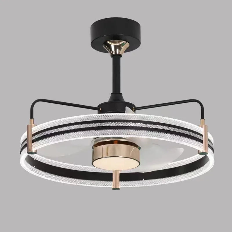 Modern black ceiling fan lamp with acrylic shade and ABS blades, remote control shown.