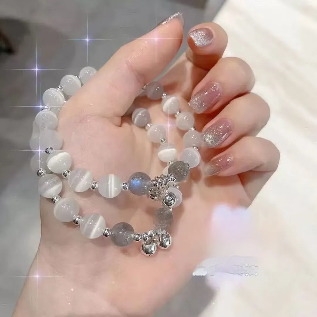 Glass butterfly bracelet for women with drop-shaped coloured glaze beads in grey moonlight colour option
