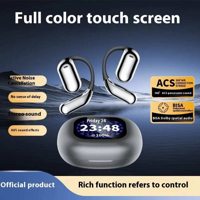 LED display ear-mounted OWS Bluetooth headset in gray with digital battery indicator and ear hook design