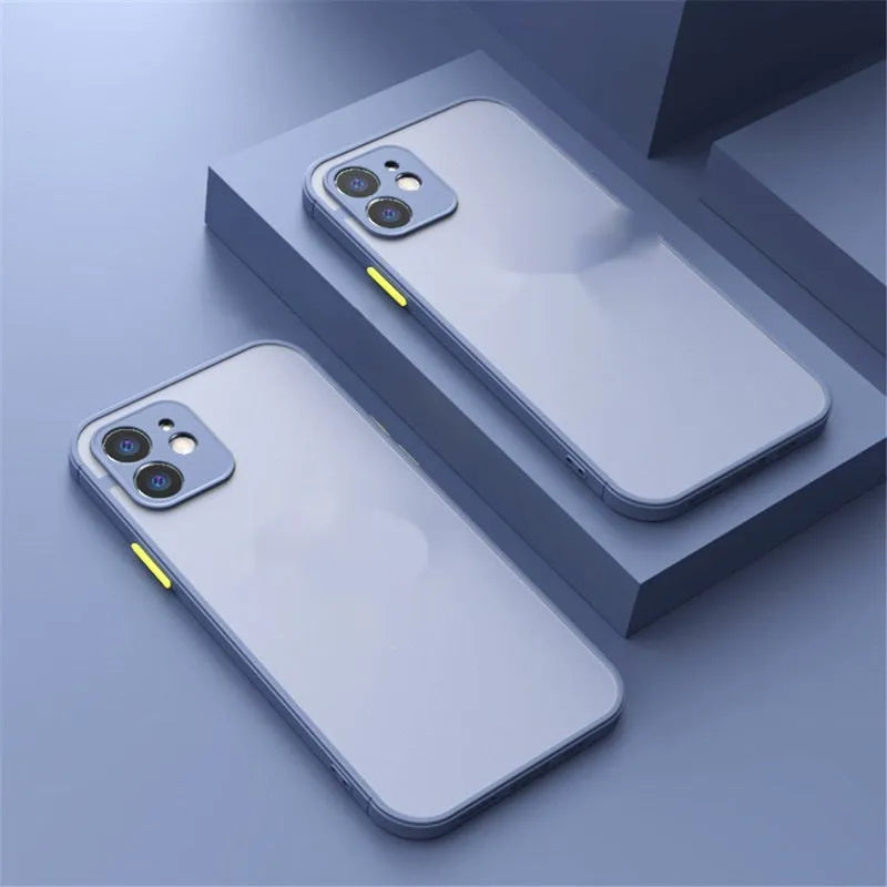 Frosted magnetic phone case for Apple iPhone on a table, showing anti-fingerprint matte finish.