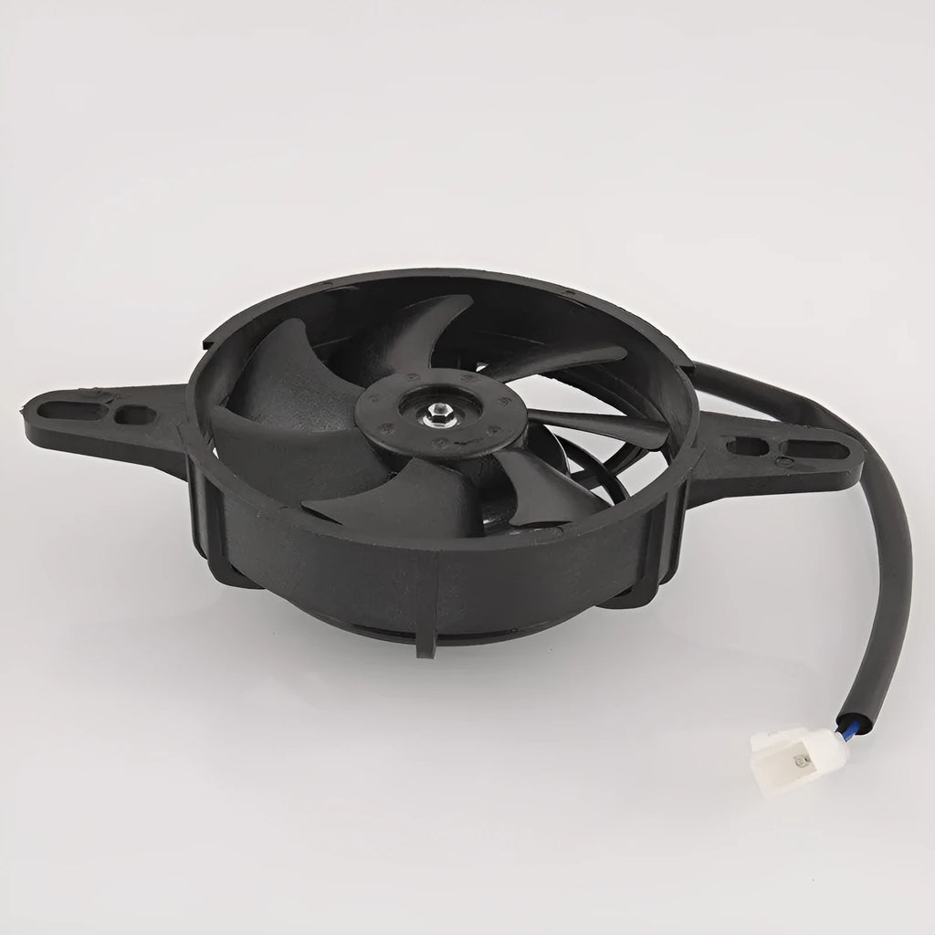 Black plastic motorcycle water tank cooling fan measuring 190x120x50mm on plain background