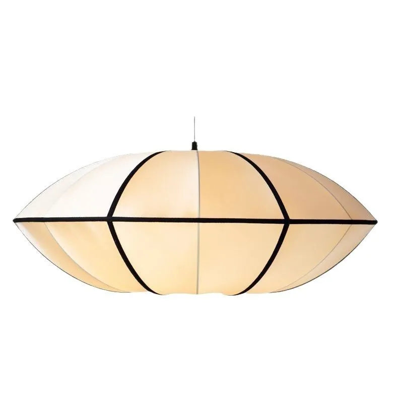Japanese retro ceiling light in fabric and alloy, 40cm diameter milky white with black edge, warm light