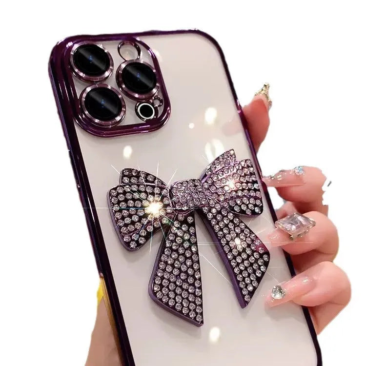 Electroplating diamond bow phone case with lens protector for iPhone in pink and silver TPU finish