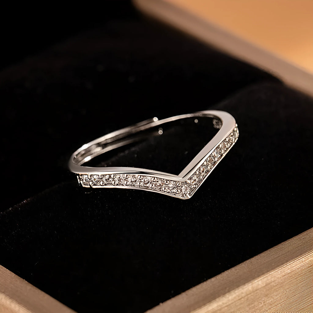 V-shaped adjustable ring for women with zircon inlaid detailing in white gold finish