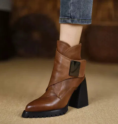 Retro chunky heel ankle boots for women with velvet lining, waterproof platform, and pointed toe in brown colour option