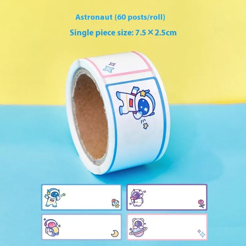 Roll of cartoon name stickers with dinosaur, astronaut, rabbit and girl design options