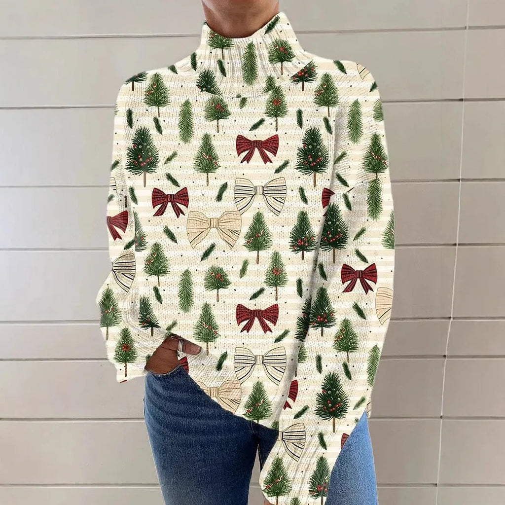 Women's printed Christmas turtleneck sweater in macaron colours with loose fit and long sleeves