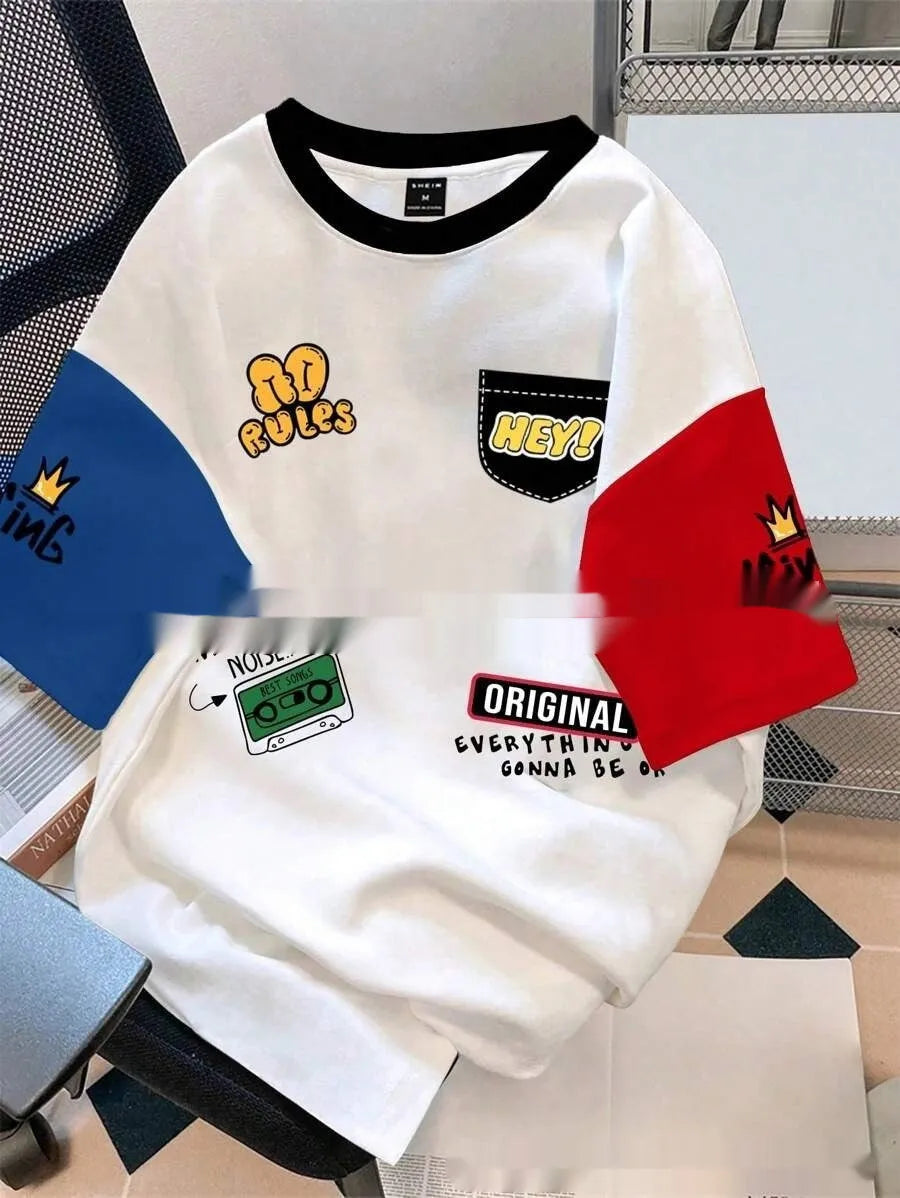 Men's loose fit casual T-shirt with a bold digital print letters pattern in colour block design.
