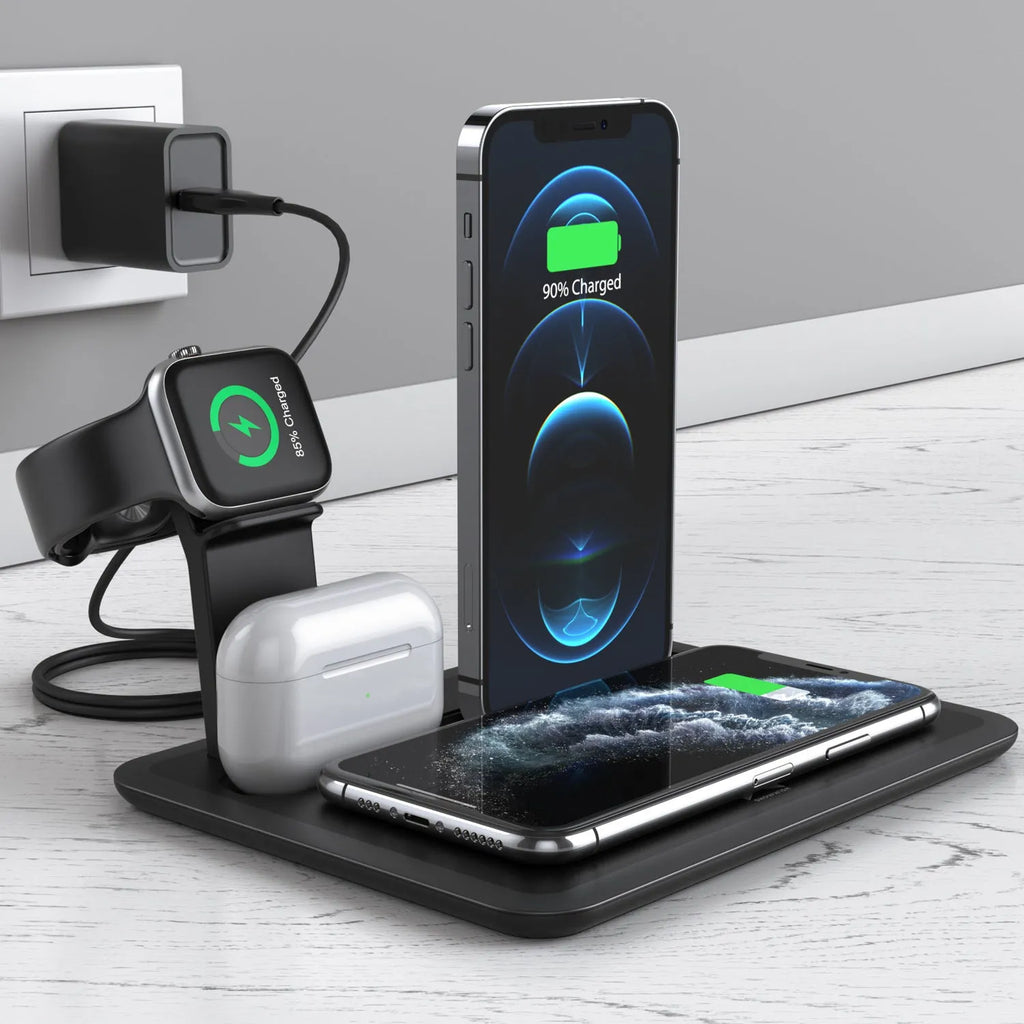 White desktop wireless charging station for phone, smartwatch and headphones showing compact design.
