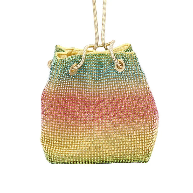 Rainbow coloured rhinestone bucket bag with an adjustable metal chain strap.