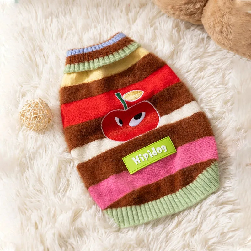 Corgi special rainbow apple striped knitted dog pullover sweater in brown and white on a light background