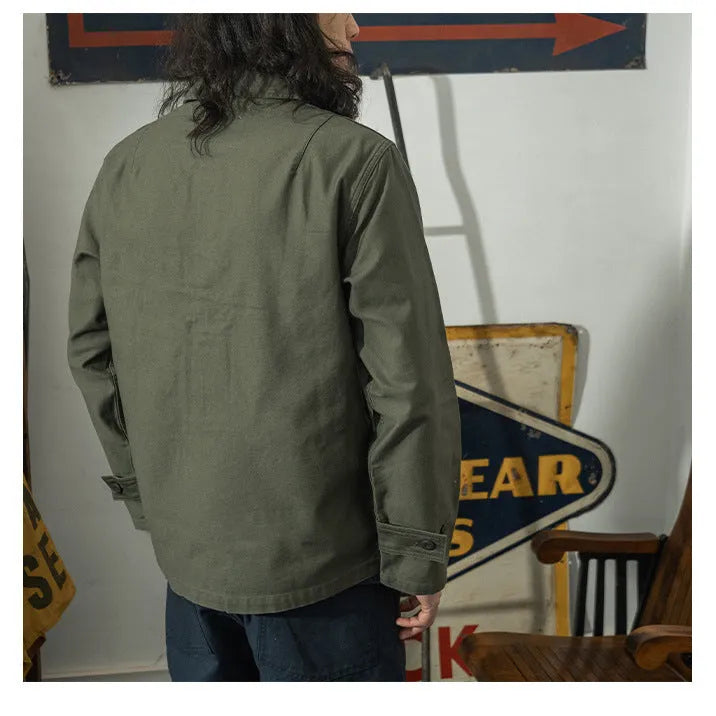Olive green cotton satin men's work shirt with slim fit cardigan style on a white background