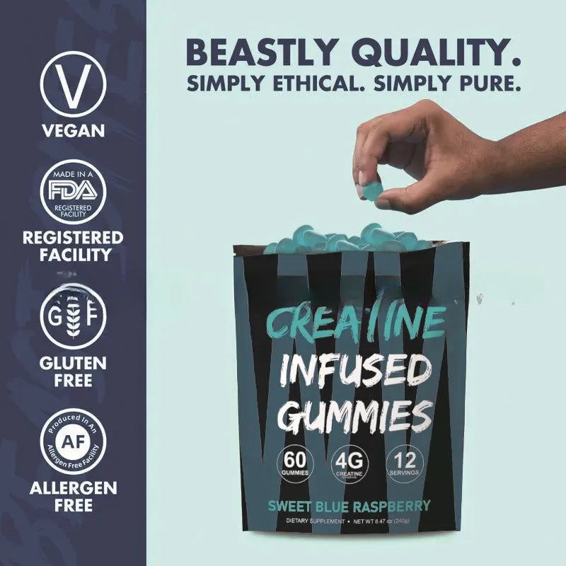 Creatine monohydrate nutritional supplement gummies in a box with 60 pieces, room temperature storage