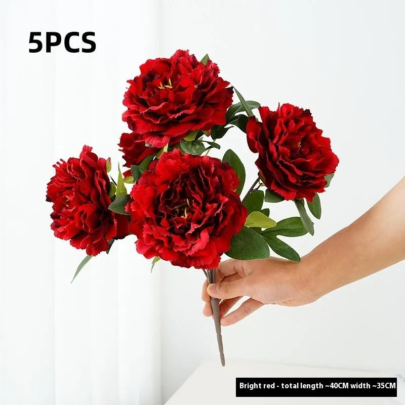 40cm artificial silk peony 5-head bouquet in light champagne colour on white background