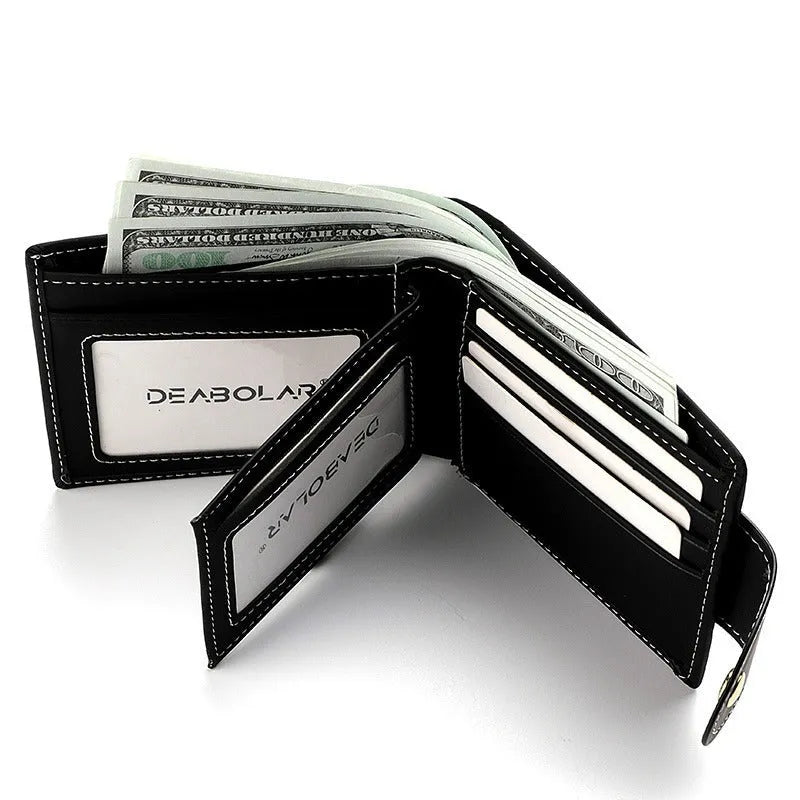 Black animal print men's wallet with multiple card slots and zipper closure